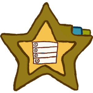 a star shaped folder with a yellow inside and darker yellow green ish outside with a tab of the same colour, with a simple 4 line schedule with clocks on the left of each line
